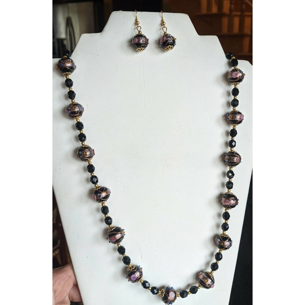 Murano Wedding Cake Beaded Necklace Bracelet Set Handmade Cerulean Black